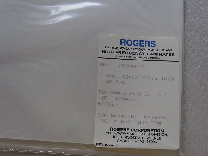 TMM-10I 18X12 1E/1E 1000 +-0015/DI ROGERS: MT PCB DK=9.8 1oz 100mil thickness 2.54mm