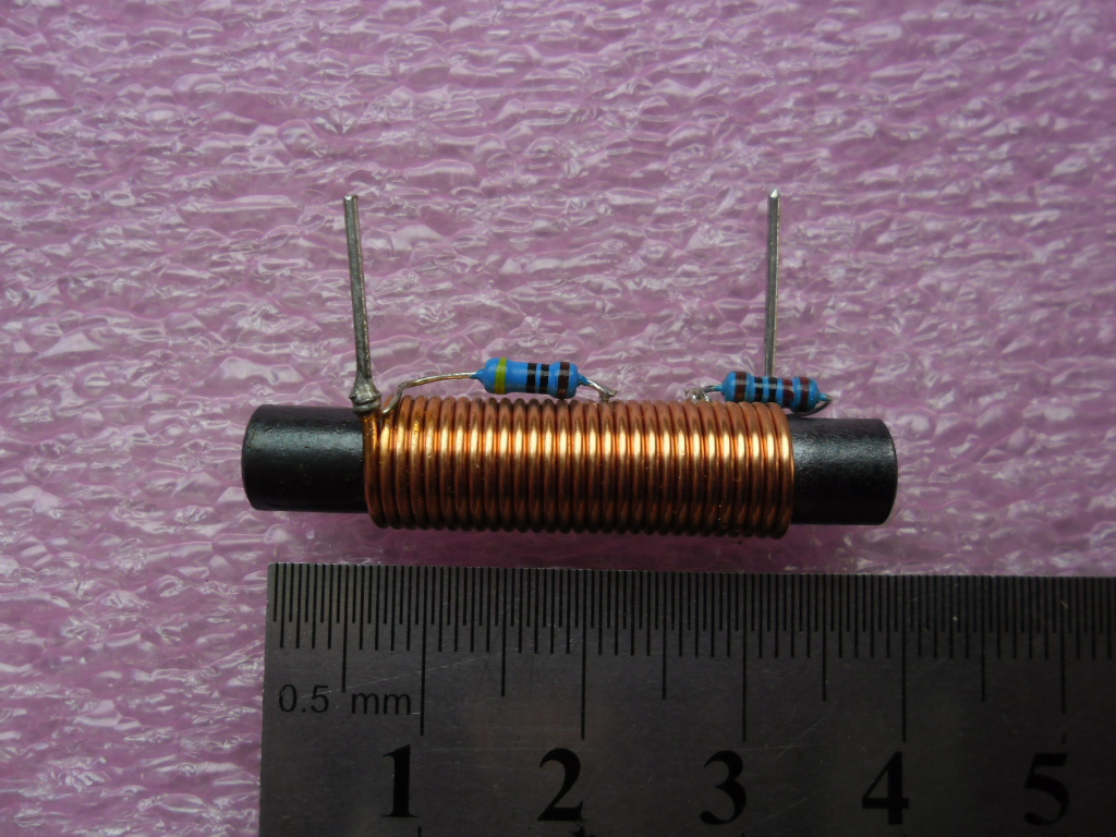 CCW+470R+220R TH-2 RFC COIL 20UH / 20µH 29TURNS: FILTER EMI FERRITE STICK 38x6.4mm WITH 2 RESISTORS 3-5Ampers