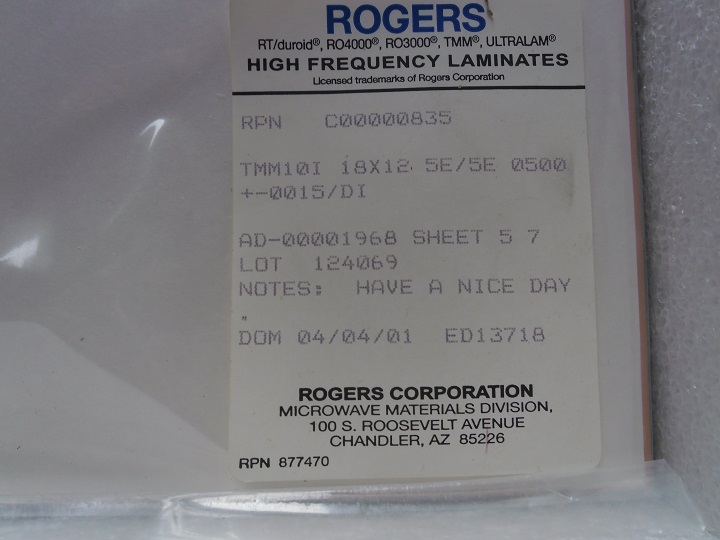 TMM-10I 18X12 5E/5E 0500 +-0015/DI ROGERS: Laminates High Frequency Circuit Materials Thickness range of 0.015 to 0.500 +/- .0015 in